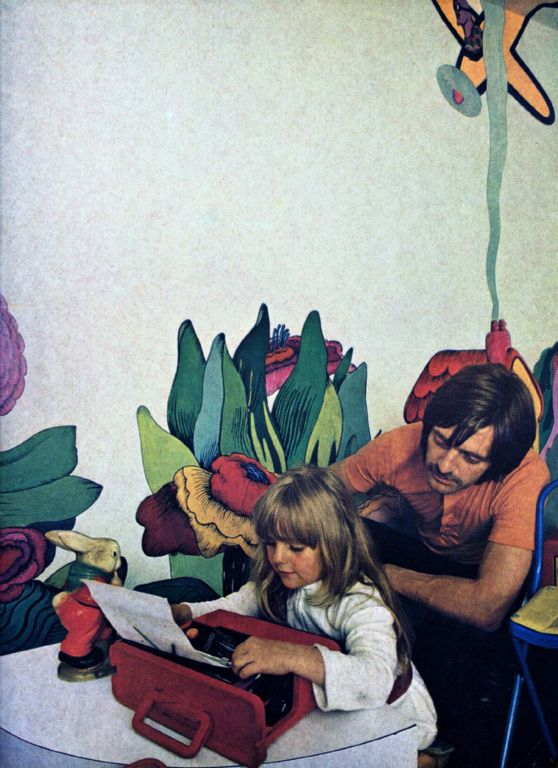 Photo: Tim Street Porter. First Children’s room Mural 1969. was published in Queen and Vogue Magazines, led to creating “Alice in Wonderland” for Julie Christie. Sonya on Olivetti Tim doing Product placement  for Sotsas “hot off the press. 